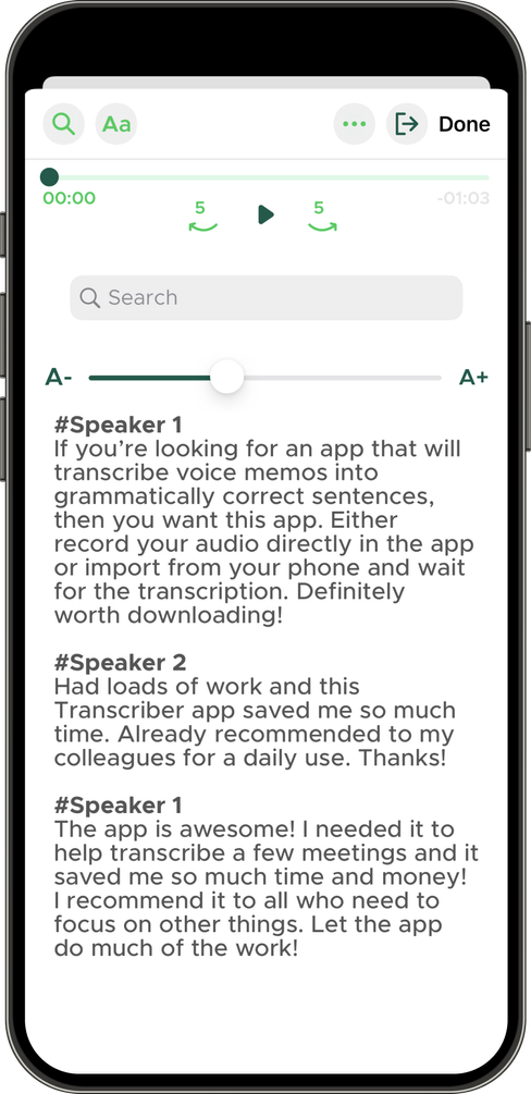 Two phone screens with transcribed text in the Transcriber app